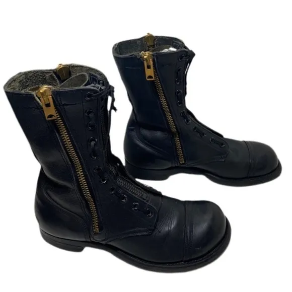 Vintage 1963 Custom-Made Vietnam Era Black Leather Military Boots 2 Side Zippers