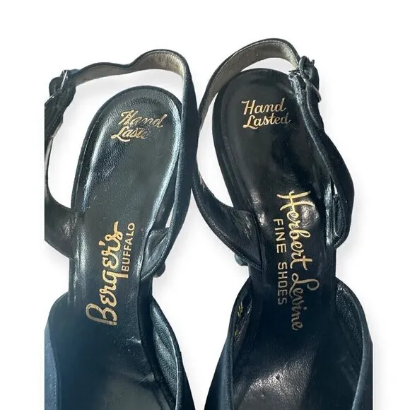 Vintage 50s Herbert Levine Black Sling Back Sandal with Jewelled bows, Size 6M