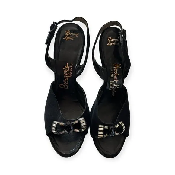 Vintage 50s Herbert Levine Black Sling Back Sandal with Jewelled bows, Size 6M