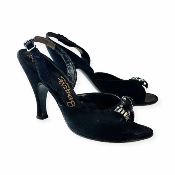 Vintage 50s Herbert Levine Black Sling Back Sandal with Jewelled bows, Size 6M