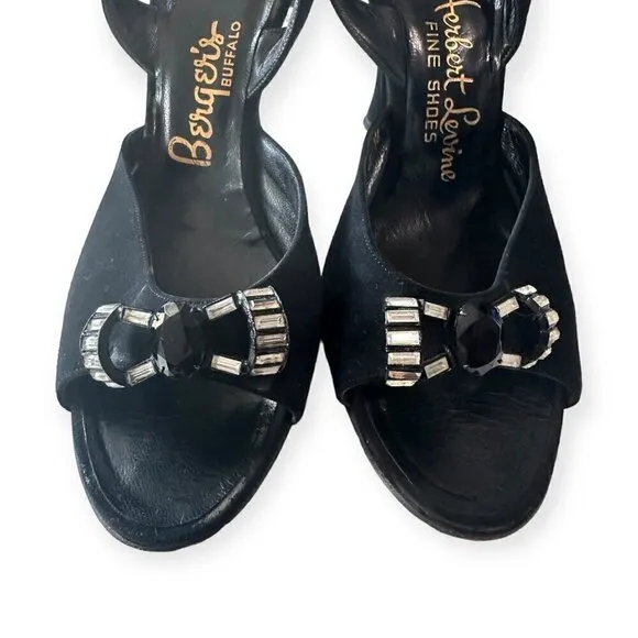 Vintage 50s Herbert Levine Black Sling Back Sandal with Jewelled bows, Size 6M
