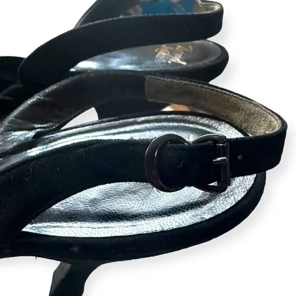 Vintage 50s Herbert Levine Black Sling Back Sandal with Jewelled bows, Size 6M