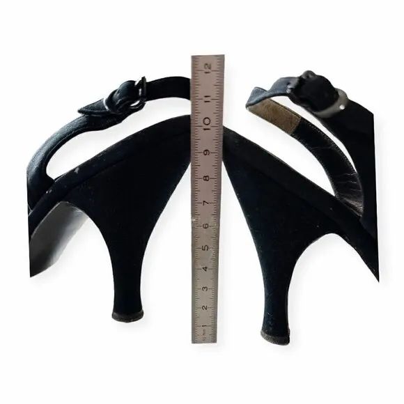 Vintage 50s Herbert Levine Black Sling Back Sandal with Jewelled bows, Size 6M