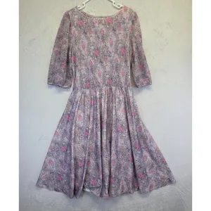 Vintage 70s Cottagecore Dress Womens 10 Floral Pleated Satin Skirt Lined Boho