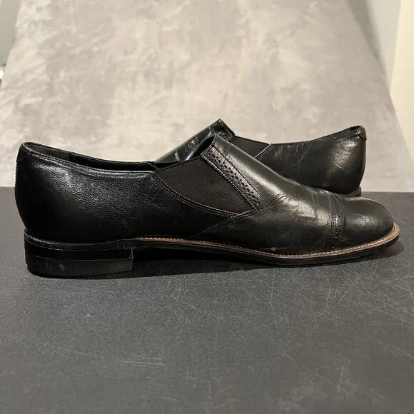 Vintage 70s Stacy Adams Cap Toe Brogue Leather Shoes Mens 12 D Black Slip On