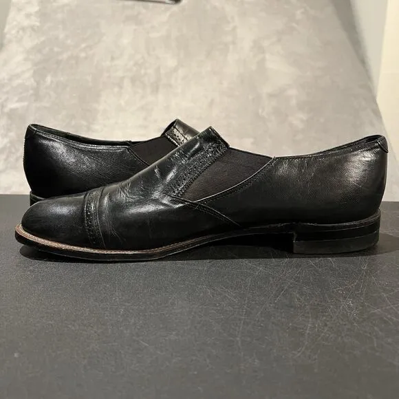 Vintage 70s Stacy Adams Cap Toe Brogue Leather Shoes Mens 12 D Black Slip On