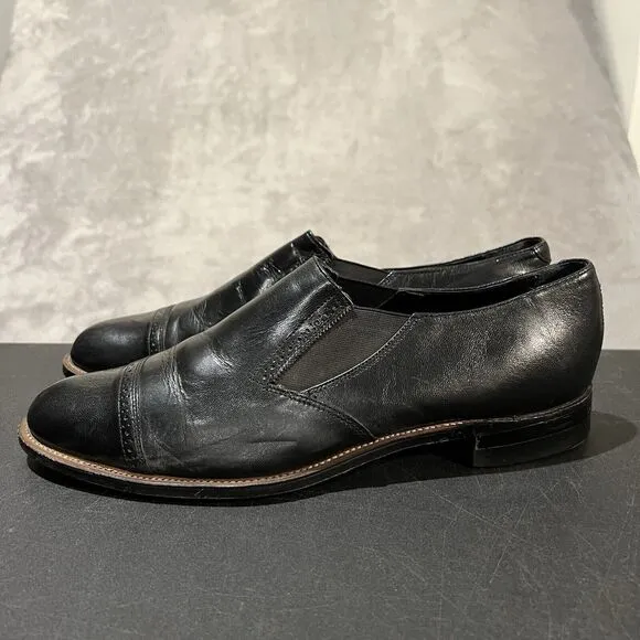 Vintage 70s Stacy Adams Cap Toe Brogue Leather Shoes Mens 12 D Black Slip On