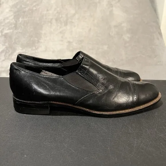 Vintage 70s Stacy Adams Cap Toe Brogue Leather Shoes Mens 12 D Black Slip On