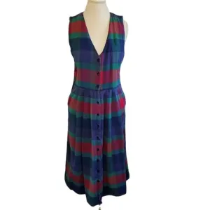 Vintage 90s Plaid Flannel Pinafore Shirt Dress Button Front Pockets Sz Medium‎