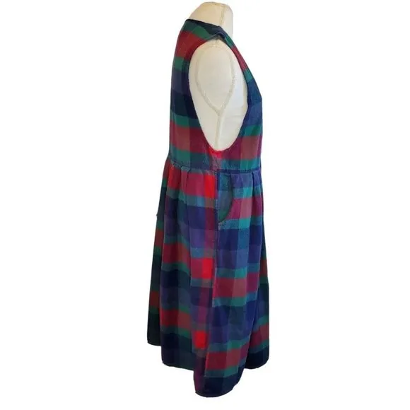 Vintage 90s Plaid Flannel Pinafore Shirt Dress Button Front Pockets Sz Medium‎
