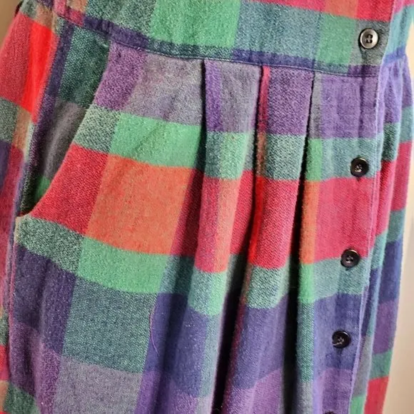 Vintage 90s Plaid Flannel Pinafore Shirt Dress Button Front Pockets Sz Medium‎
