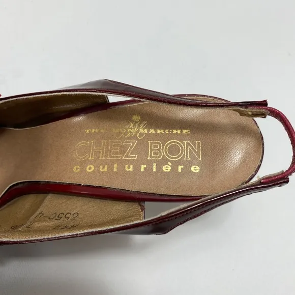 Vintage Bon Marche Maroon Leather Heels Size 9 AAA Ribbon Bows Sling Back Flaws