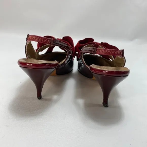Vintage Bon Marche Maroon Leather Heels Size 9 AAA Ribbon Bows Sling Back Flaws