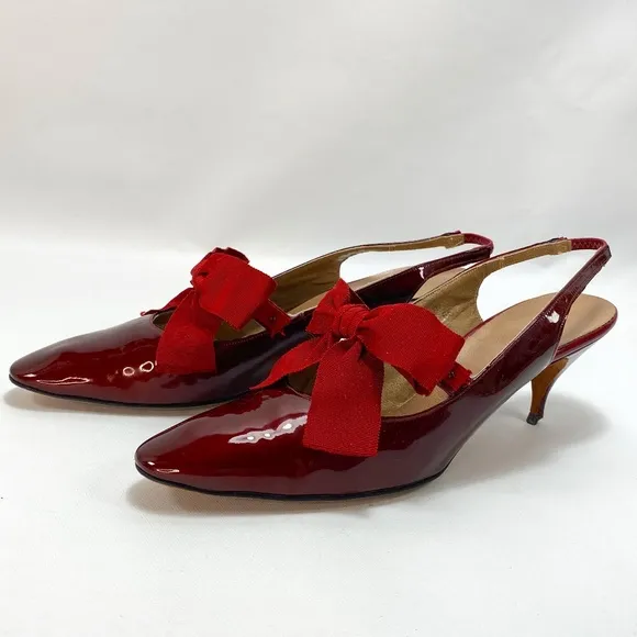Vintage Bon Marche Maroon Leather Heels Size 9 AAA Ribbon Bows Sling Back Flaws