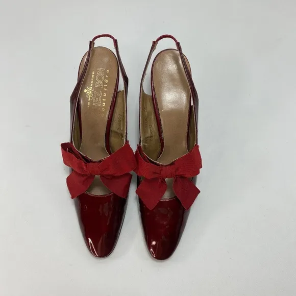 Vintage Bon Marche Maroon Leather Heels Size 9 AAA Ribbon Bows Sling Back Flaws