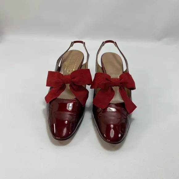 Vintage Bon Marche Maroon Leather Heels Size 9 AAA Ribbon Bows Sling Back Flaws