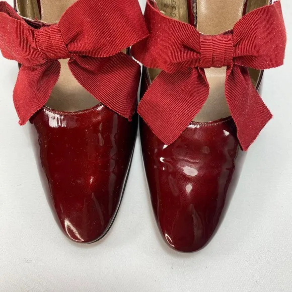 Vintage Bon Marche Maroon Leather Heels Size 9 AAA Ribbon Bows Sling Back Flaws