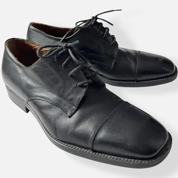 Vintage Classic Black Leather Men's Dress Derby Shoes Chiseled Box Toe Italy 41