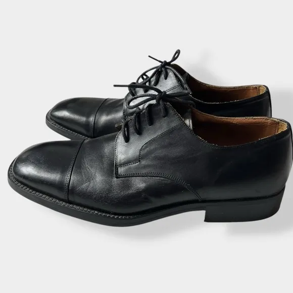 Vintage Classic Black Leather Men's Dress Derby Shoes Chiseled Box Toe Italy 41