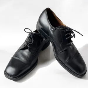 Vintage Classic Black Leather Men's Dress Derby Shoes Chiseled Box Toe Italy 41