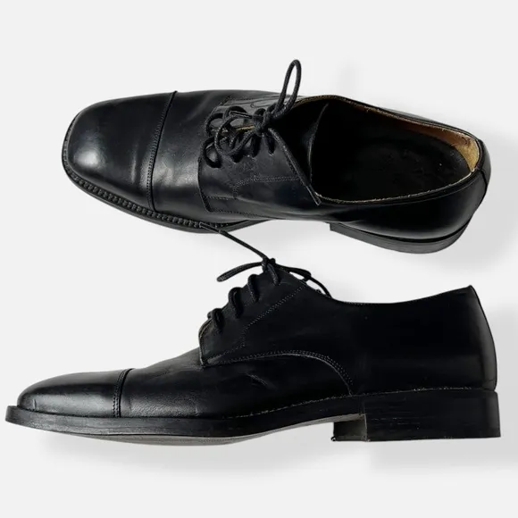 Vintage Classic Black Leather Men's Dress Derby Shoes Chiseled Box Toe Italy 41