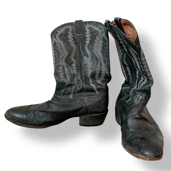 Vintage Dan Post Black Grey Leather Western Boots Cowboy Horse 10 Work