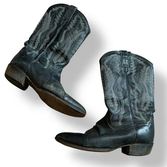 Vintage Dan Post Black Grey Leather Western Boots Cowboy Horse 10 Work