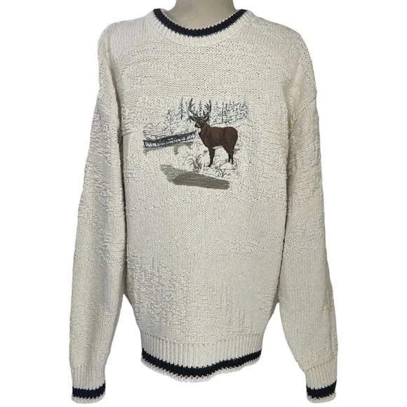 Vintage Embroidered Sweater Deer Nature Hunting Chunky Knit Cotton St Johns Bay