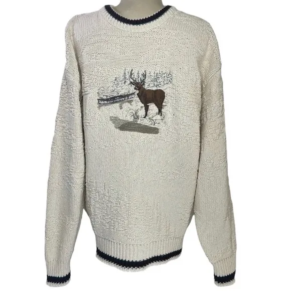 Vintage Embroidered Sweater Deer Nature Hunting Chunky Knit Cotton St Johns Bay