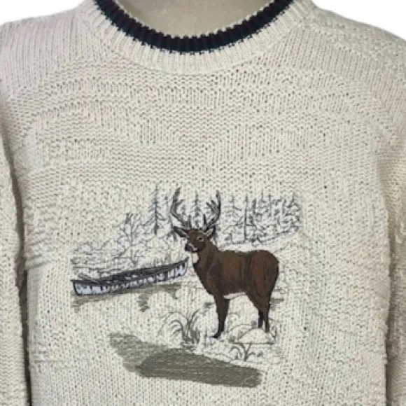 Vintage Embroidered Sweater Deer Nature Hunting Chunky Knit Cotton St Johns Bay