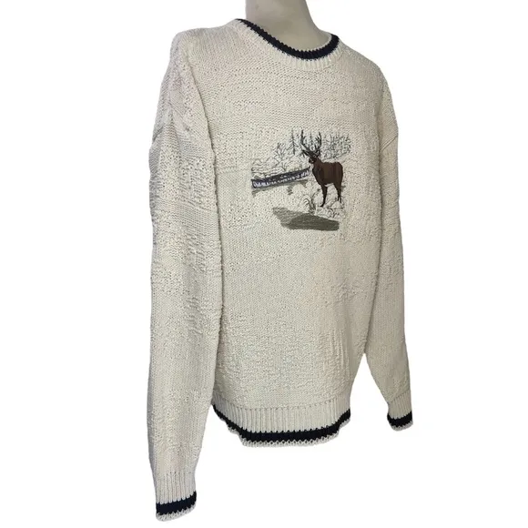 Vintage Embroidered Sweater Deer Nature Hunting Chunky Knit Cotton St Johns Bay