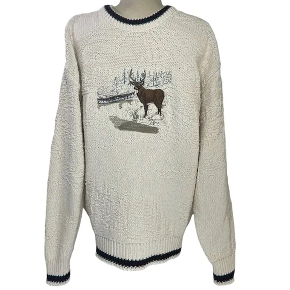 Vintage Embroidered Sweater Deer Nature Hunting Chunky Knit Cotton St Johns Bay
