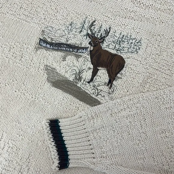 Vintage Embroidered Sweater Deer Nature Hunting Chunky Knit Cotton St Johns Bay