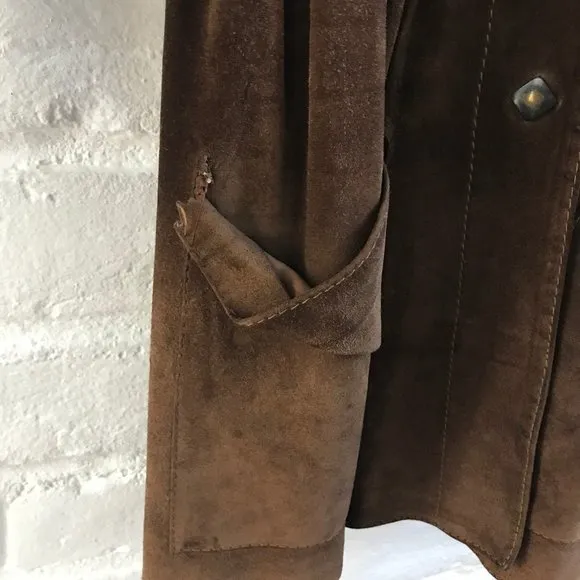 Vintage Jacket Women Small Brown Suede Authentic 60s Coat Mid Length Wide Collar