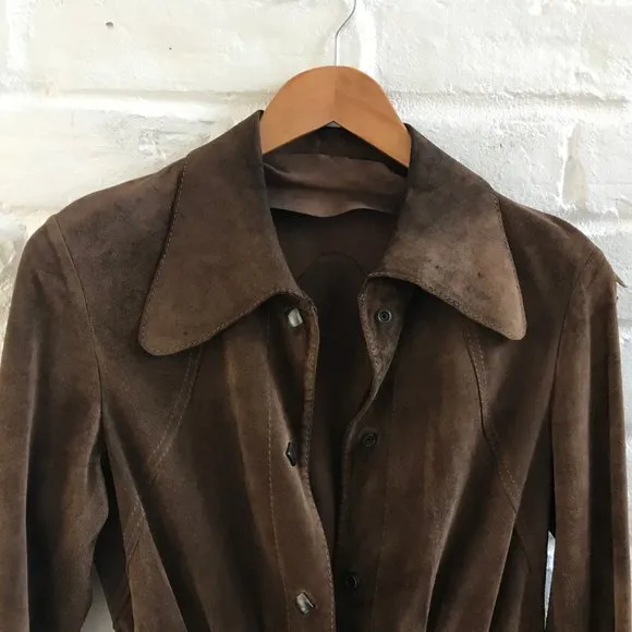 Vintage Jacket Women Small Brown Suede Authentic 60s Coat Mid Length Wide Collar