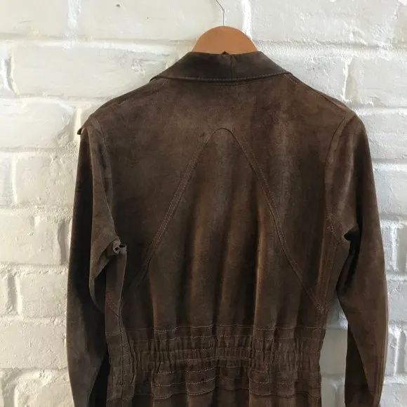 Vintage Jacket Women Small Brown Suede Authentic 60s Coat Mid Length Wide Collar