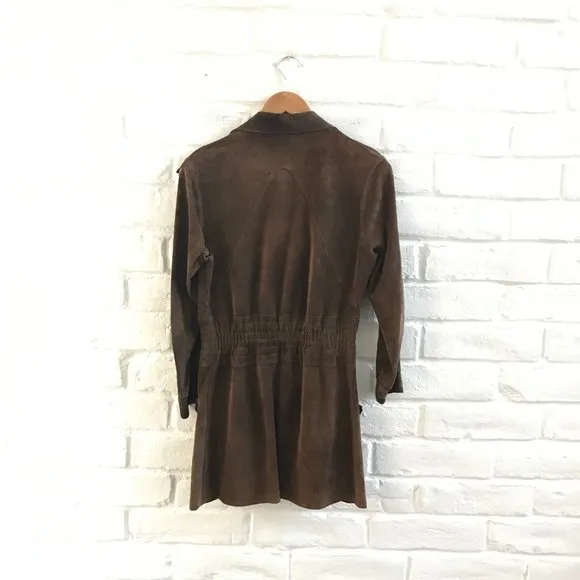 Vintage Jacket Women Small Brown Suede Authentic 60s Coat Mid Length Wide Collar
