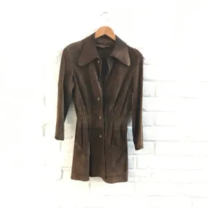 Vintage Jacket Women Small Brown Suede Authentic 60s Coat Mid Length Wide Collar