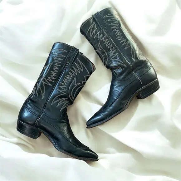 Vintage Justin Boots Black Leather Western Boots Cowboy Horse 8.5 Work