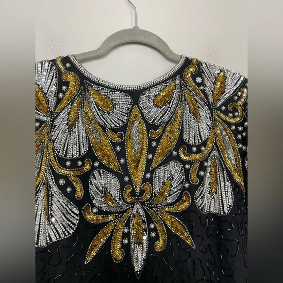 Vintage Laurence Kazar Dynasty Silk Beaded sequin cocktail dress XL Flapper