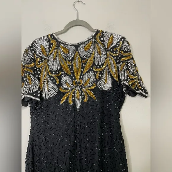 Vintage Laurence Kazar Dynasty Silk Beaded sequin cocktail dress XL Flapper