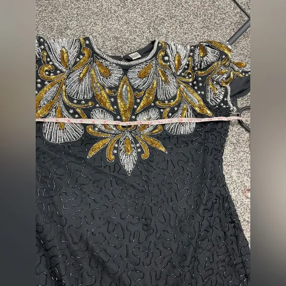 Vintage Laurence Kazar Dynasty Silk Beaded sequin cocktail dress XL Flapper