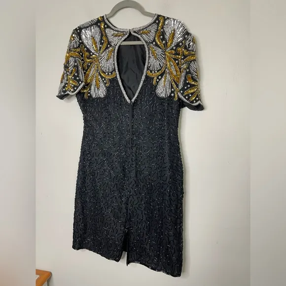 Vintage Laurence Kazar Dynasty Silk Beaded sequin cocktail dress XL Flapper