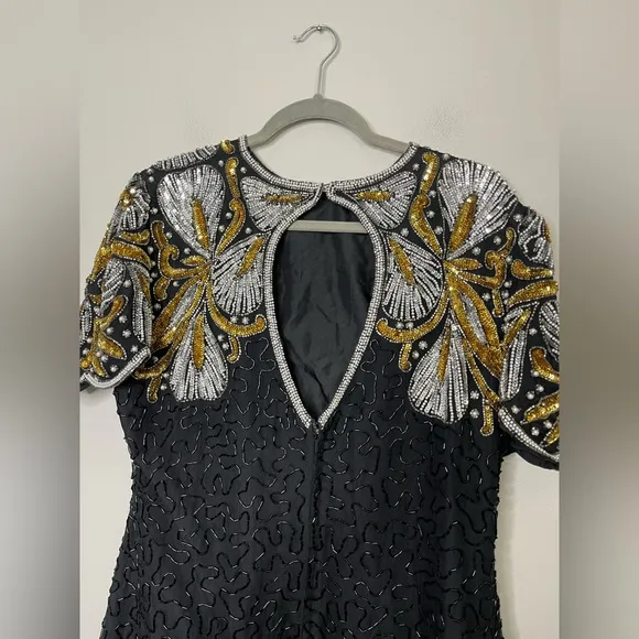 Vintage Laurence Kazar Dynasty Silk Beaded sequin cocktail dress XL Flapper