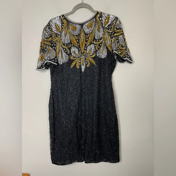 Vintage Laurence Kazar Dynasty Silk Beaded sequin cocktail dress XL Flapper