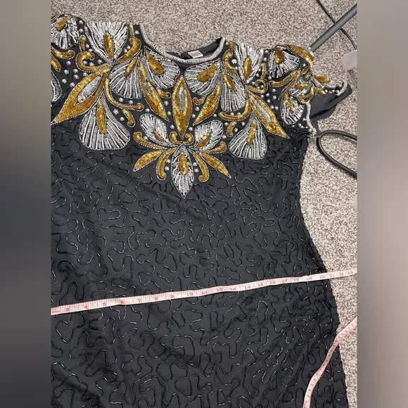 Vintage Laurence Kazar Dynasty Silk Beaded sequin cocktail dress XL Flapper