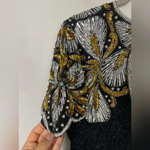 Vintage Laurence Kazar Dynasty Silk Beaded sequin cocktail dress XL Flapper