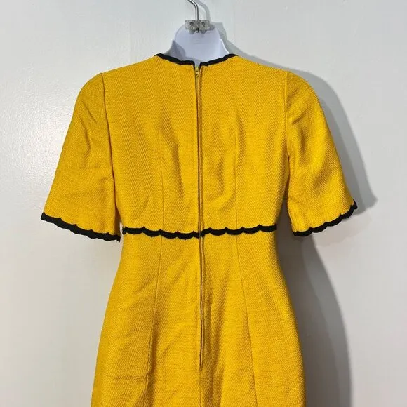 Vintage Mademoiselle Arlette Yellow Dress With Black Trim &amp; Rose‎ Accent 1960's