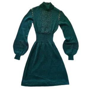 Vintage Metalic Green Bell Sleeve Party Midi Dress Crochet XS Perfect Holiday