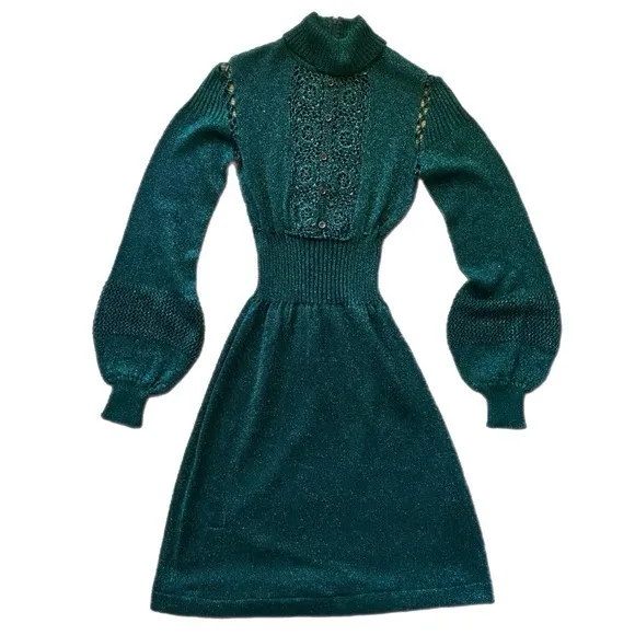 Vintage Metalic Green Bell Sleeve Party Midi Dress Crochet XS Perfect Holiday